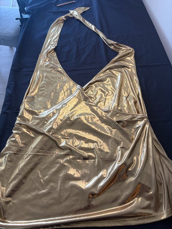 BloomChic Tops - "Golden Hour" Outfit | Metallic Gold Halter Mini Dress + Bangles + Rings | 22